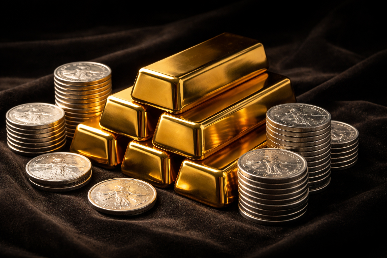 Gestapelte Goldbarren und Silbermünzen auf dunklem Samt — Edelmetallvermittlung Arnsberg