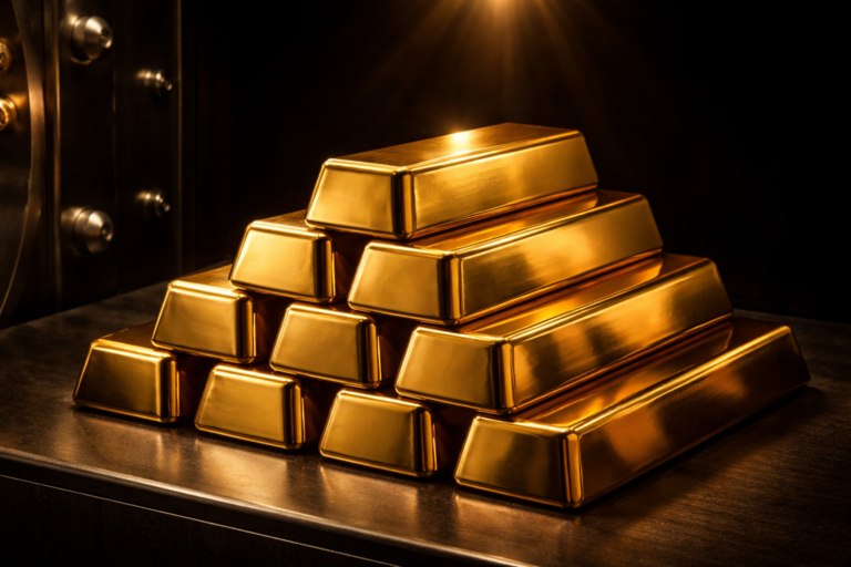 Gestapelte Goldbarren im Tresor mit warmem Licht — Warum Edelmetalle