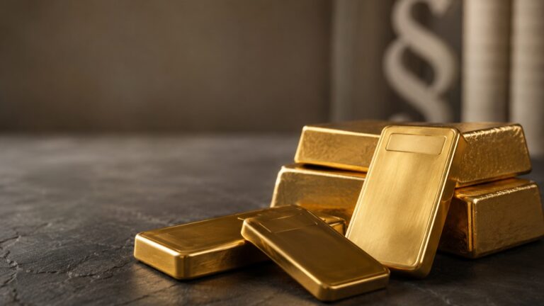 Mehrere Goldbarren vor einem Paragraphen-Symbol - Anlagegold ist nach Paragraf 25c UStG umsatzsteuerfrei