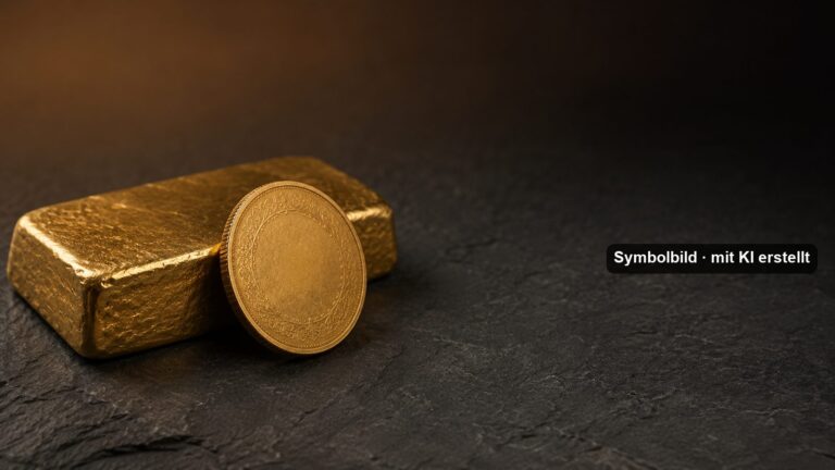 Goldmünze ohne Prägung, angelehnt an einen Goldbarren auf dunkler Steinplatte — Symbolbild zum Thema Krügerrand, Aufgeld und Spread