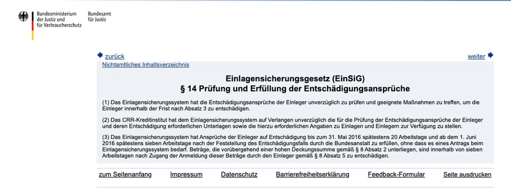 Screenshot von gesetze-im-internet.de mit dem Wortlaut des § 14 Einlagensicherungsgesetz