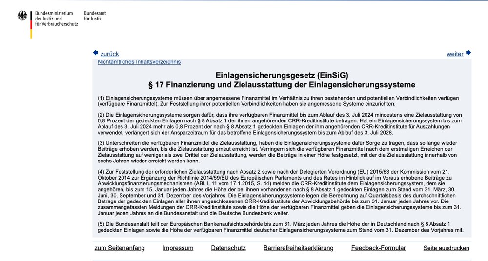 Screenshot von gesetze-im-internet.de mit dem Wortlaut des § 17 Einlagensicherungsgesetz