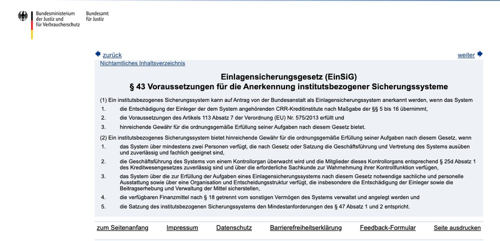 Screenshot von gesetze-im-internet.de mit dem Wortlaut des § 43 Einlagensicherungsgesetz