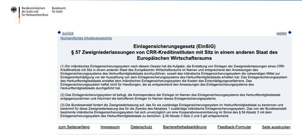 Screenshot von gesetze-im-internet.de mit dem Wortlaut des § 57 Einlagensicherungsgesetz