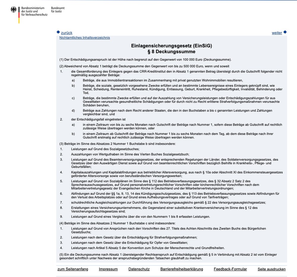 Screenshot von gesetze-im-internet.de mit dem Wortlaut des § 8 Einlagensicherungsgesetz