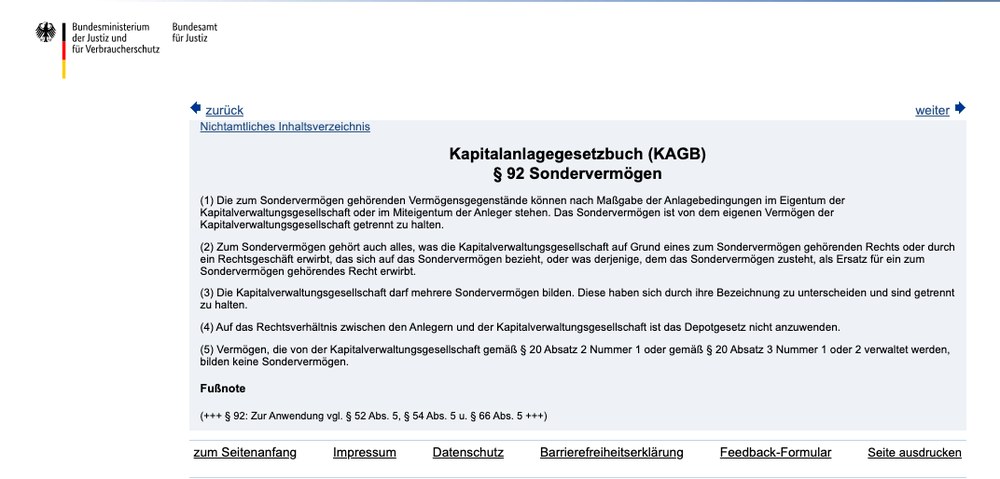 Screenshot von gesetze-im-internet.de mit dem Wortlaut des § 92 KAGB