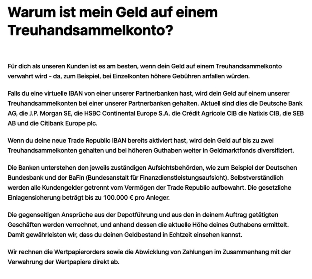 Bildschirmaufnahme der Support-Seite des Neobrokers mit der Aufzählung der sieben Partnerbanken des Treuhandsammelkontos