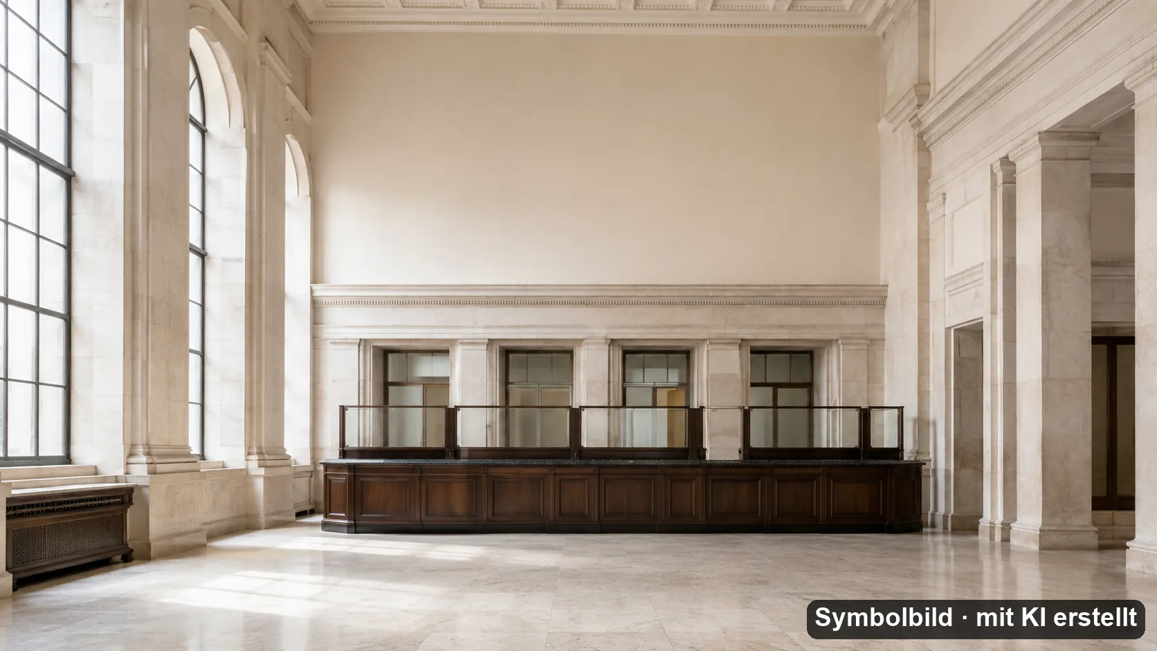 Leere Schalterhalle einer klassischen Bank mit hohen Fenstern und dunklem Holztresen. Symbolbild, mit KI erstellt.