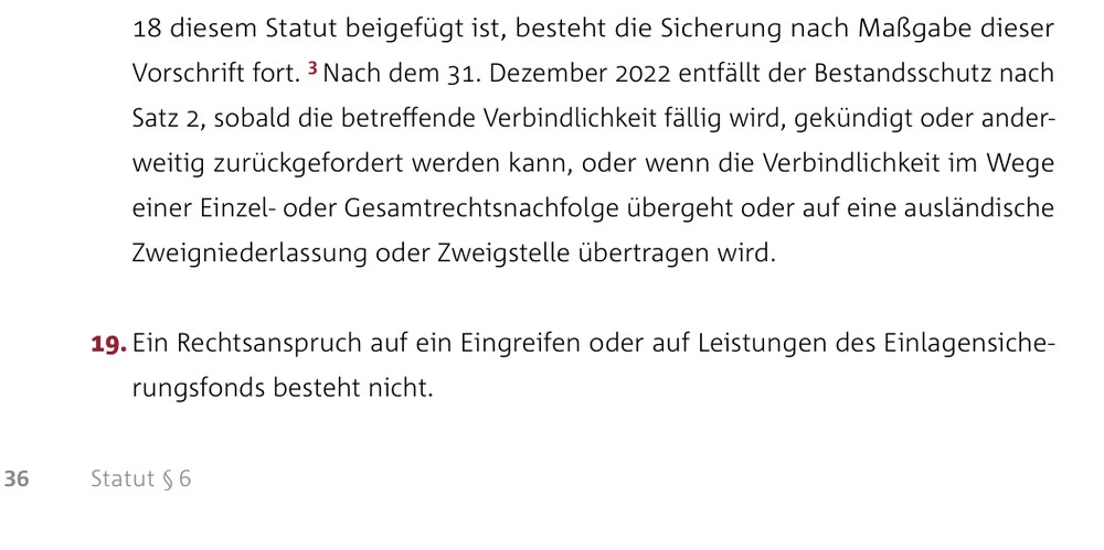 Ausschnitt aus dem Statut des Einlagensicherungsfonds mit der Klausel zum fehlenden Rechtsanspruch