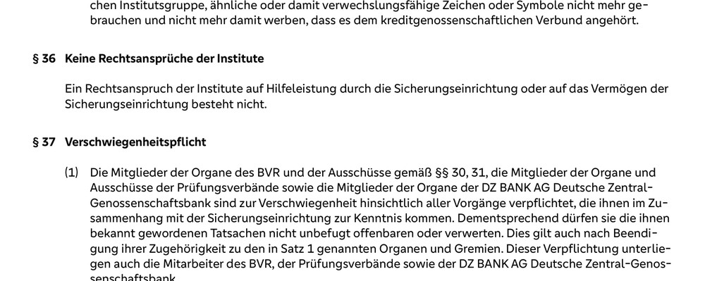 Ausschnitt aus dem BVR-Statut, Paragraph 36: Keine Rechtsansprüche der Institute